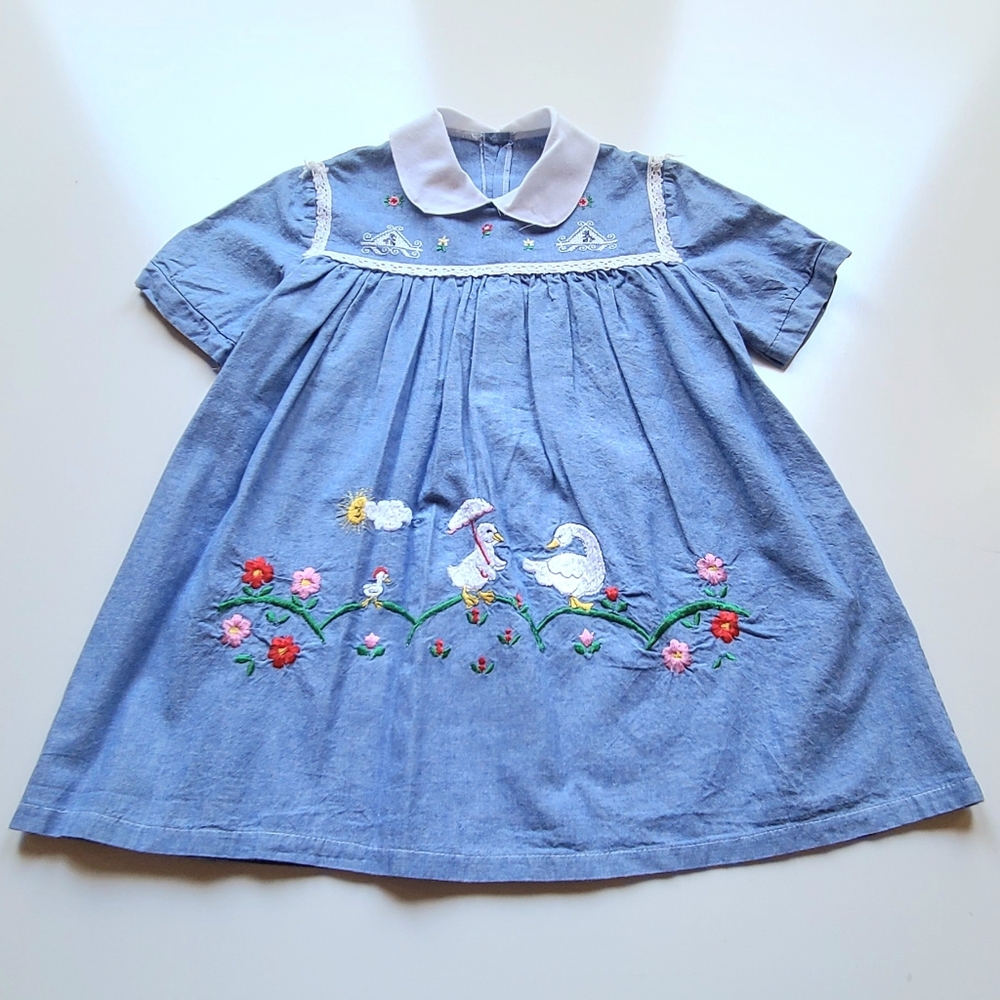 🩷 ~Vintage~ Dress Girls 5/6 Embroidered Geese Flowers Sun Cottage Core Farm